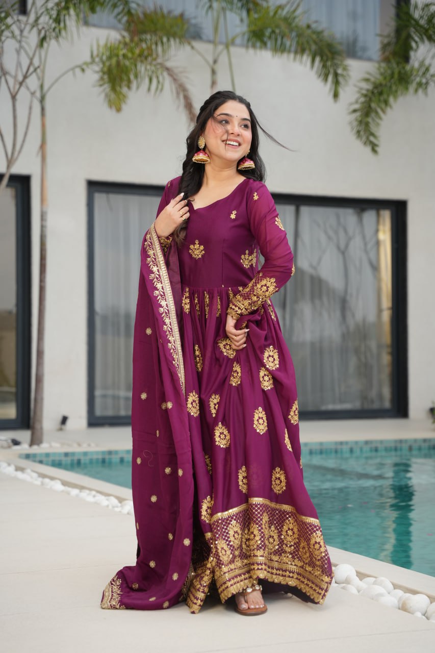 Rudrika Purple Embroidered Gown in soft Star Georgette with intricate zari and sequin work, full-length 56-inch flare gown with matching embroidered dupatta, elegant pan neck design, perfect for weddings and festive occasions