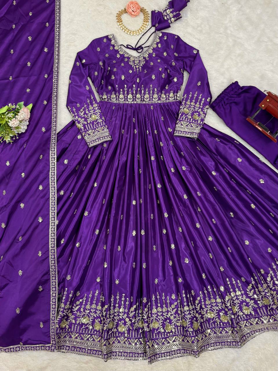 Meghnita Anarkali suit in American Silk with thread & sequin embroidery, padded gown, stitched pant & dupatta—perfect for weddings & festive wear.