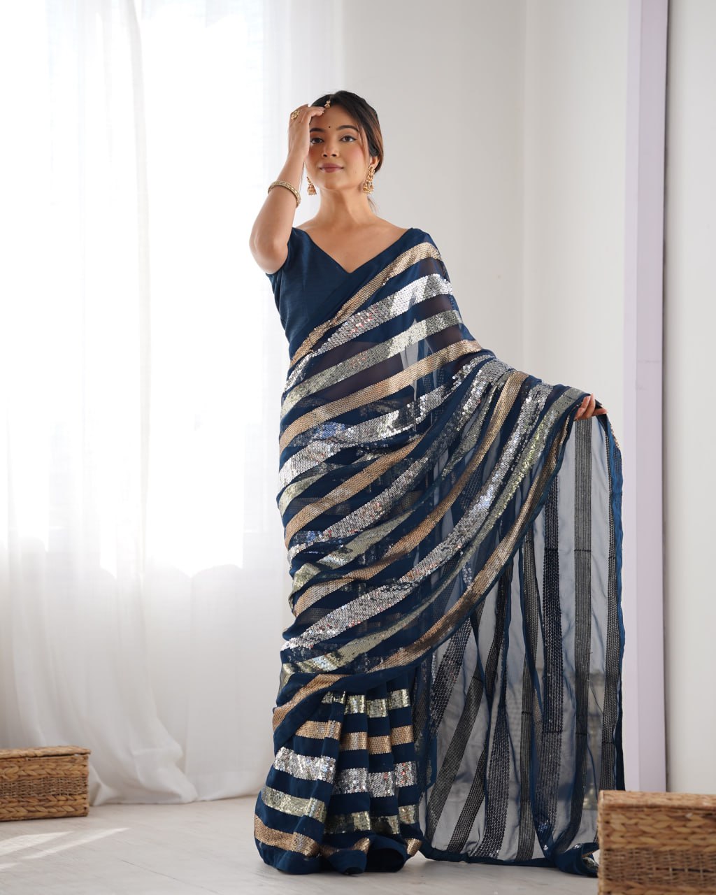 Kira Navy Blue Sequin Embroidery Georgette Saree