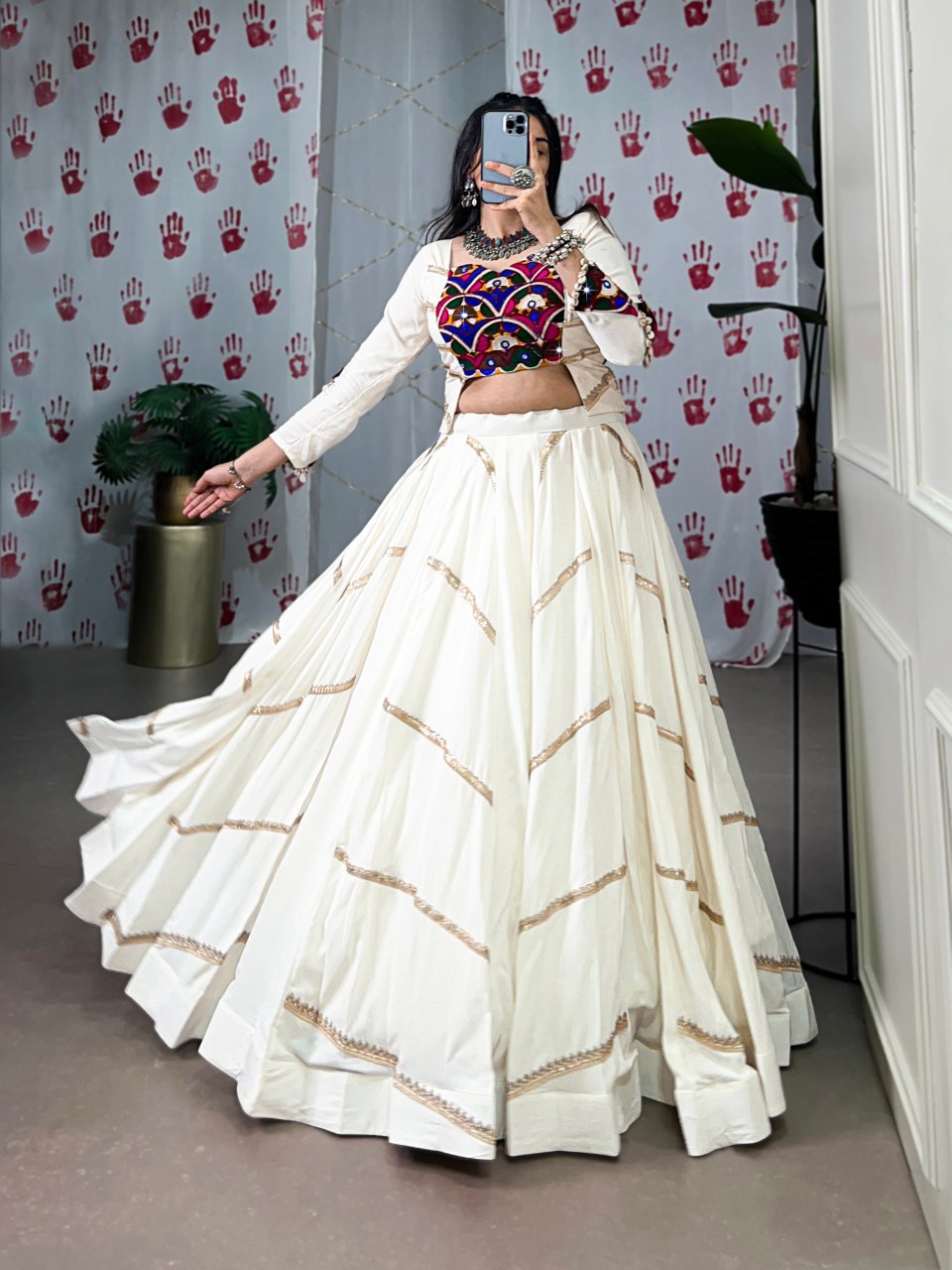 Off White Pure Rayon Mirror Gamthi Sequins Work Lehenga Choli