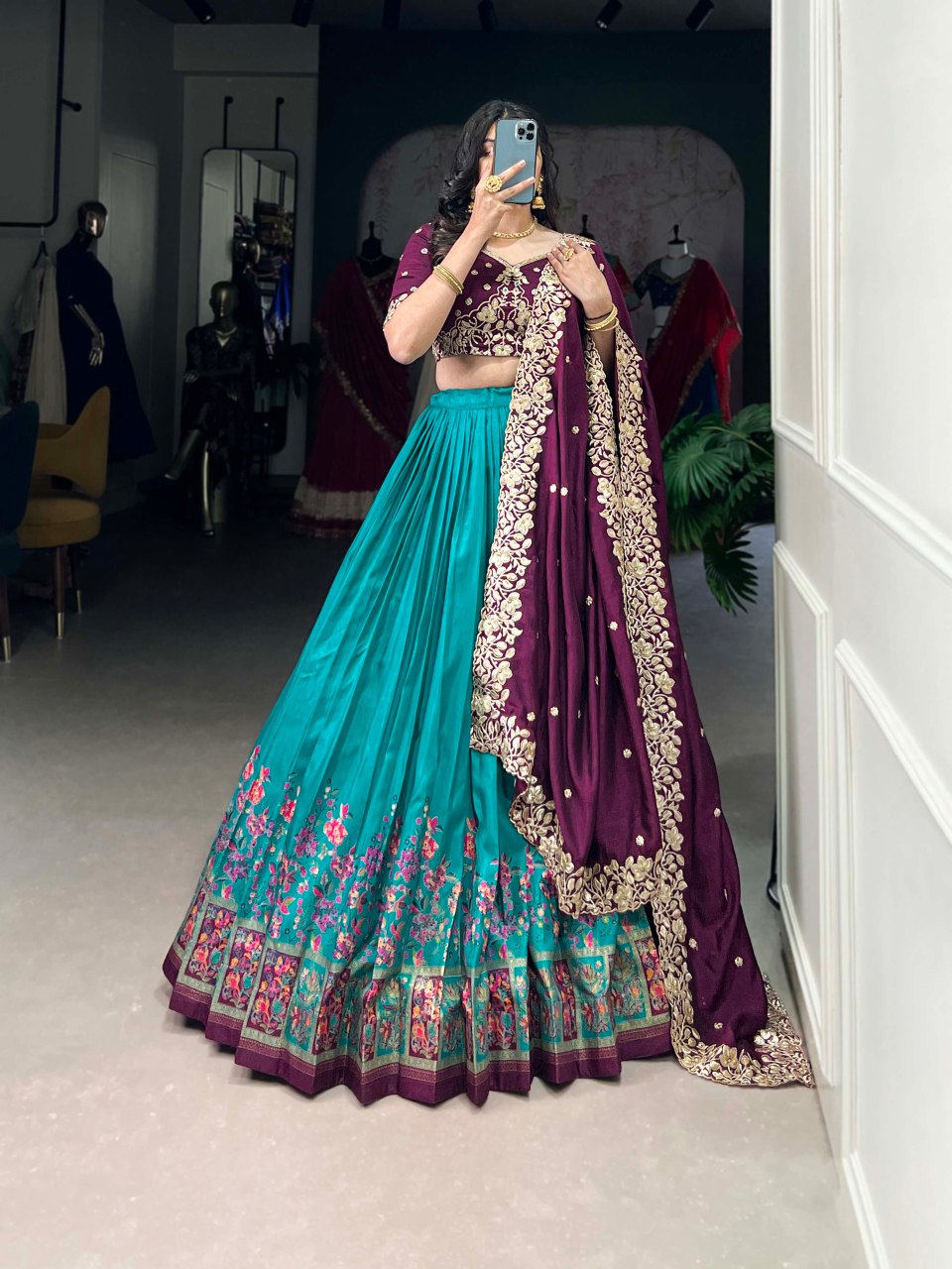 Teal Tussar silk lehenga with foil print and embroidered dupatta
