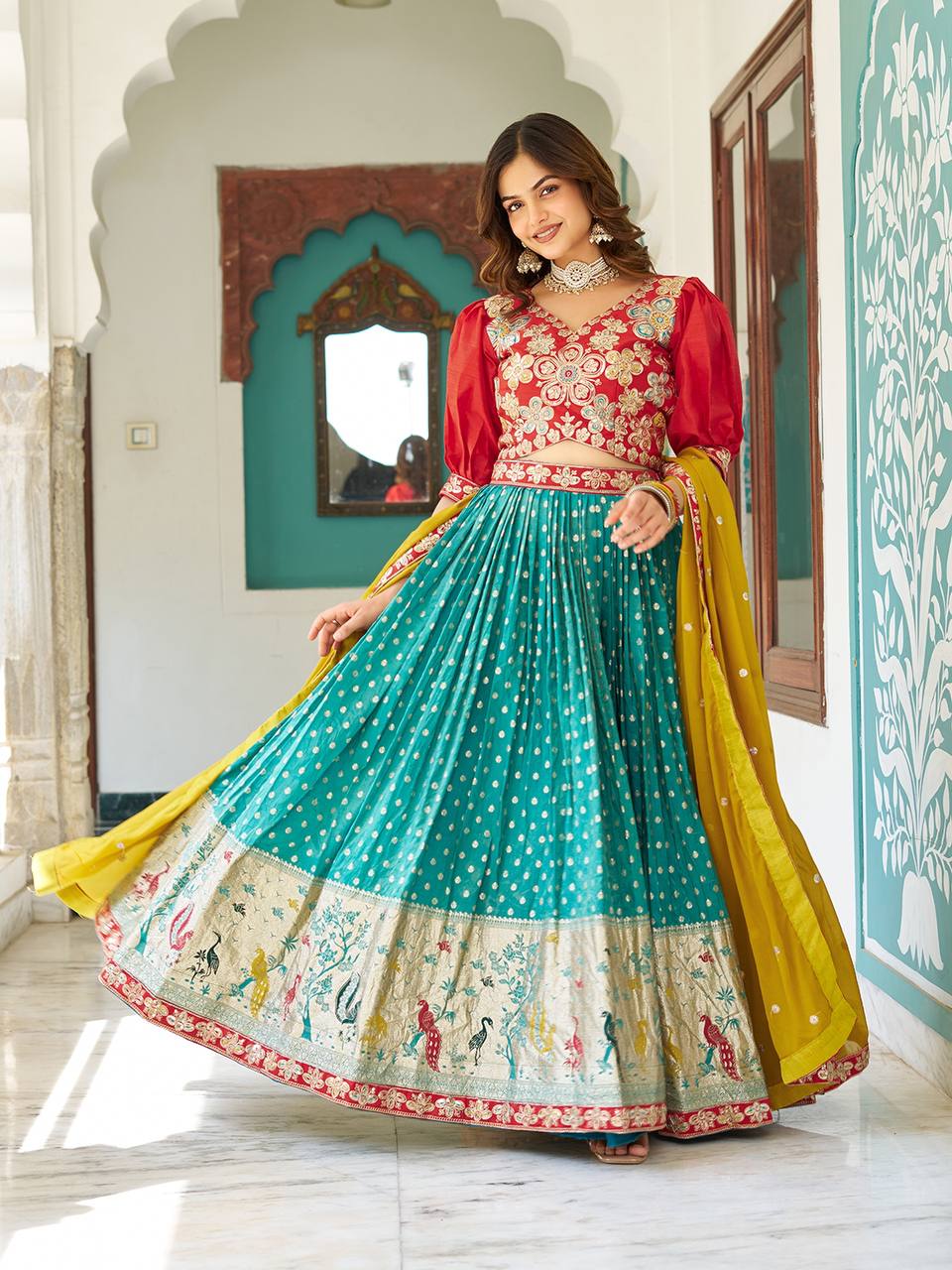 Multicolour silk lehenga choli set with heavy embroidery, sequin, and cording work; includes stitched shimmer lehenga, fully stitched mono silk choli, and embroidered georgette dupatta – perfect for weddings and festive occasions