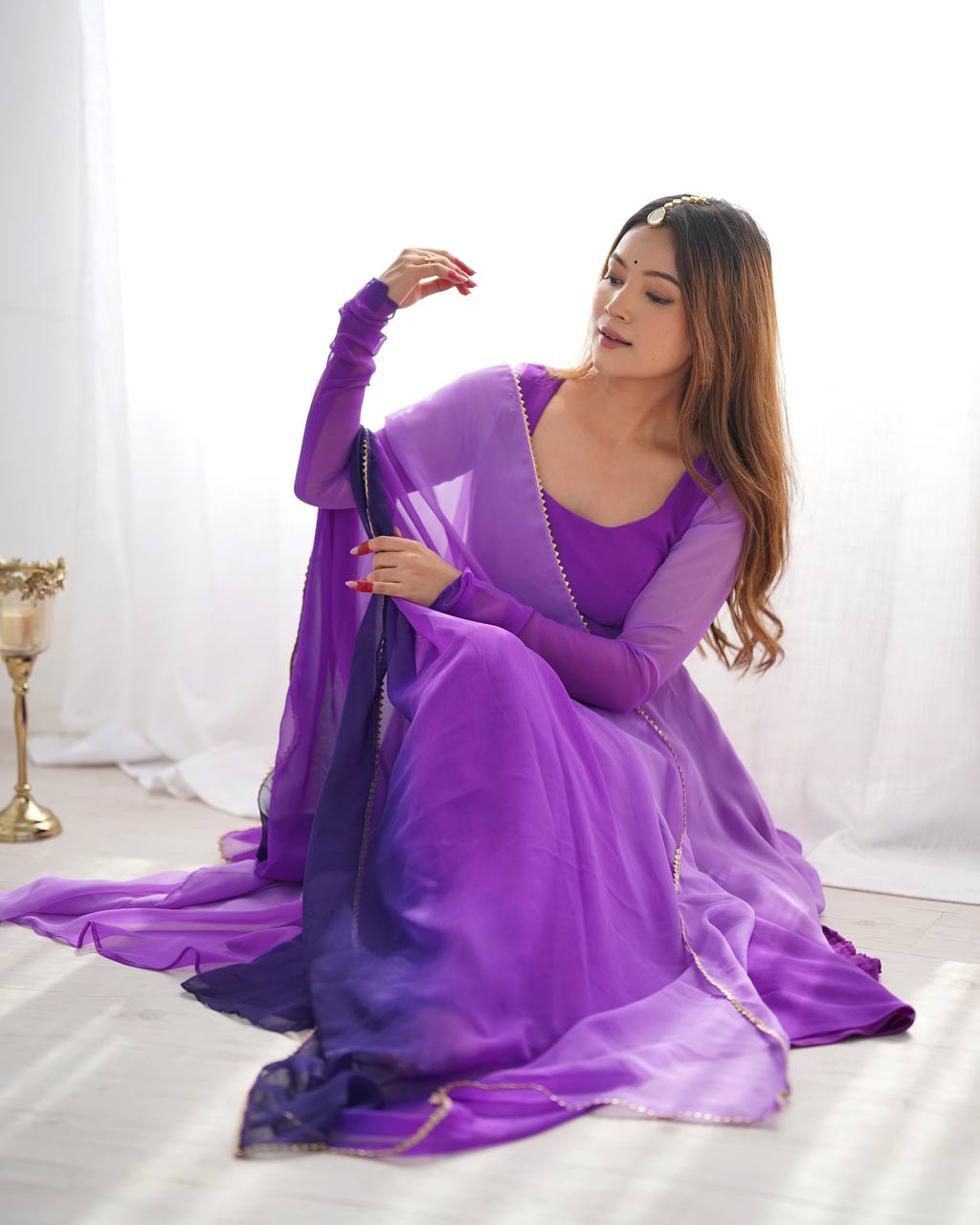 Purple georgette Anarkali gown with dupatta, printed flair gown set, party wear Anarkali set for women—fully stitched festive Trinaari outfit.
