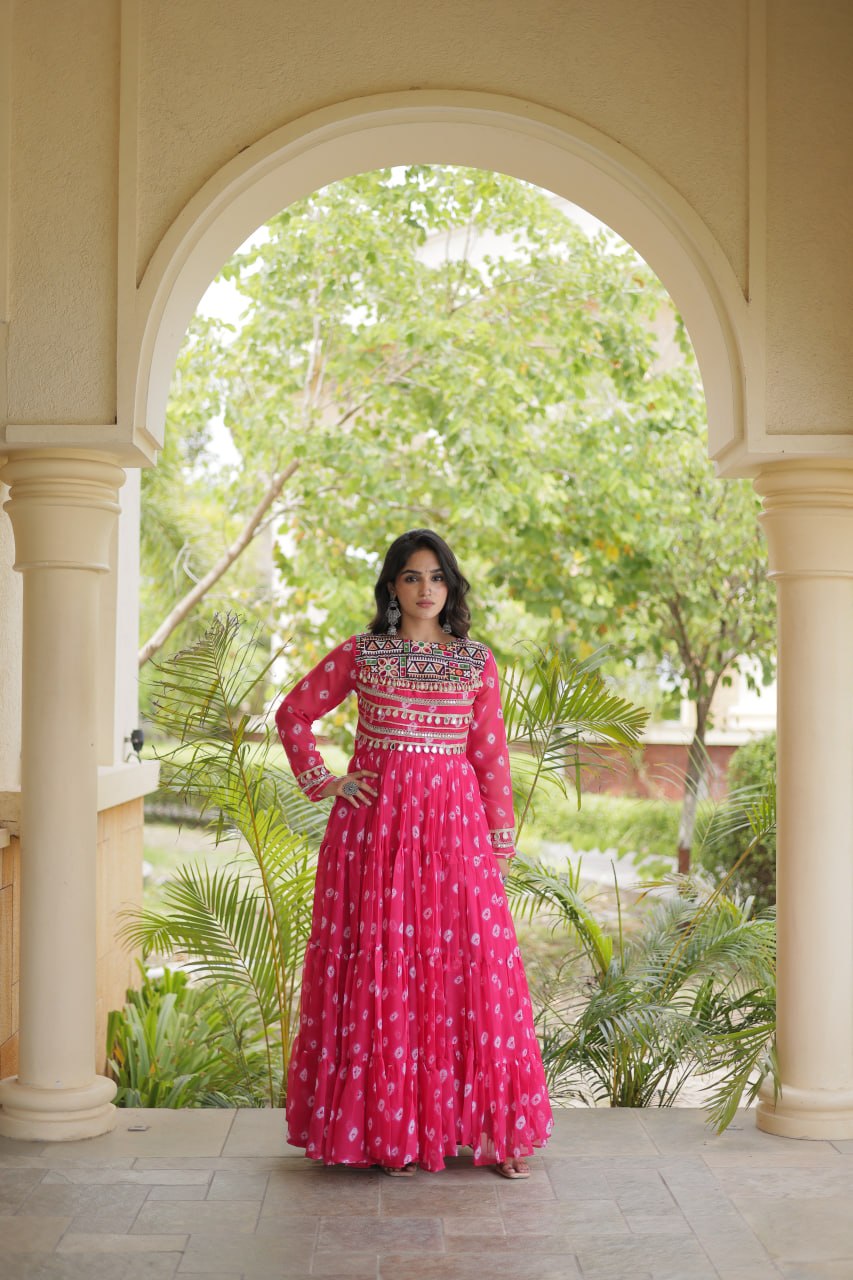 Lavanya Pink Faux Georgette Bandhani Kutchi Patchwork Gown
