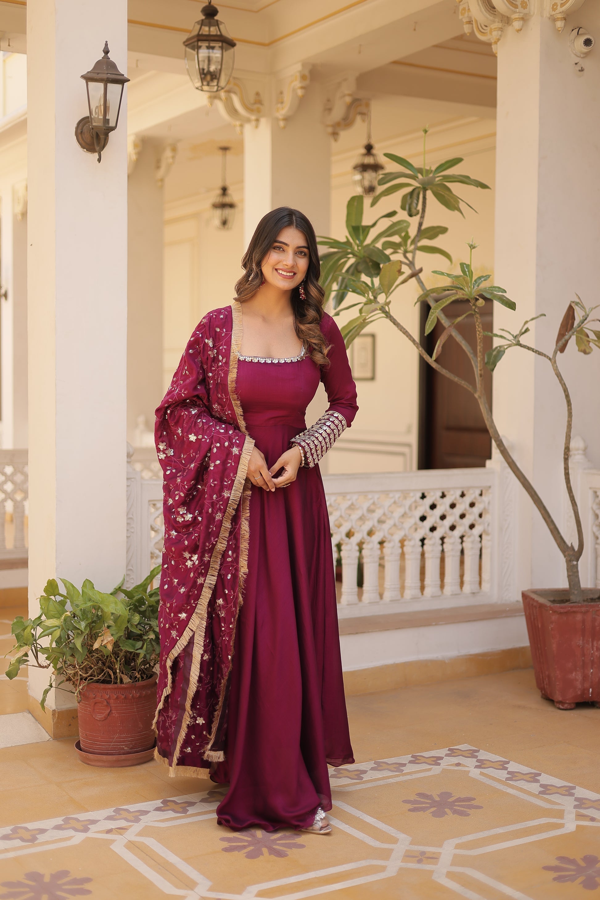 Aparajita Magenta Vichitra Silk Anarkali Gown Set