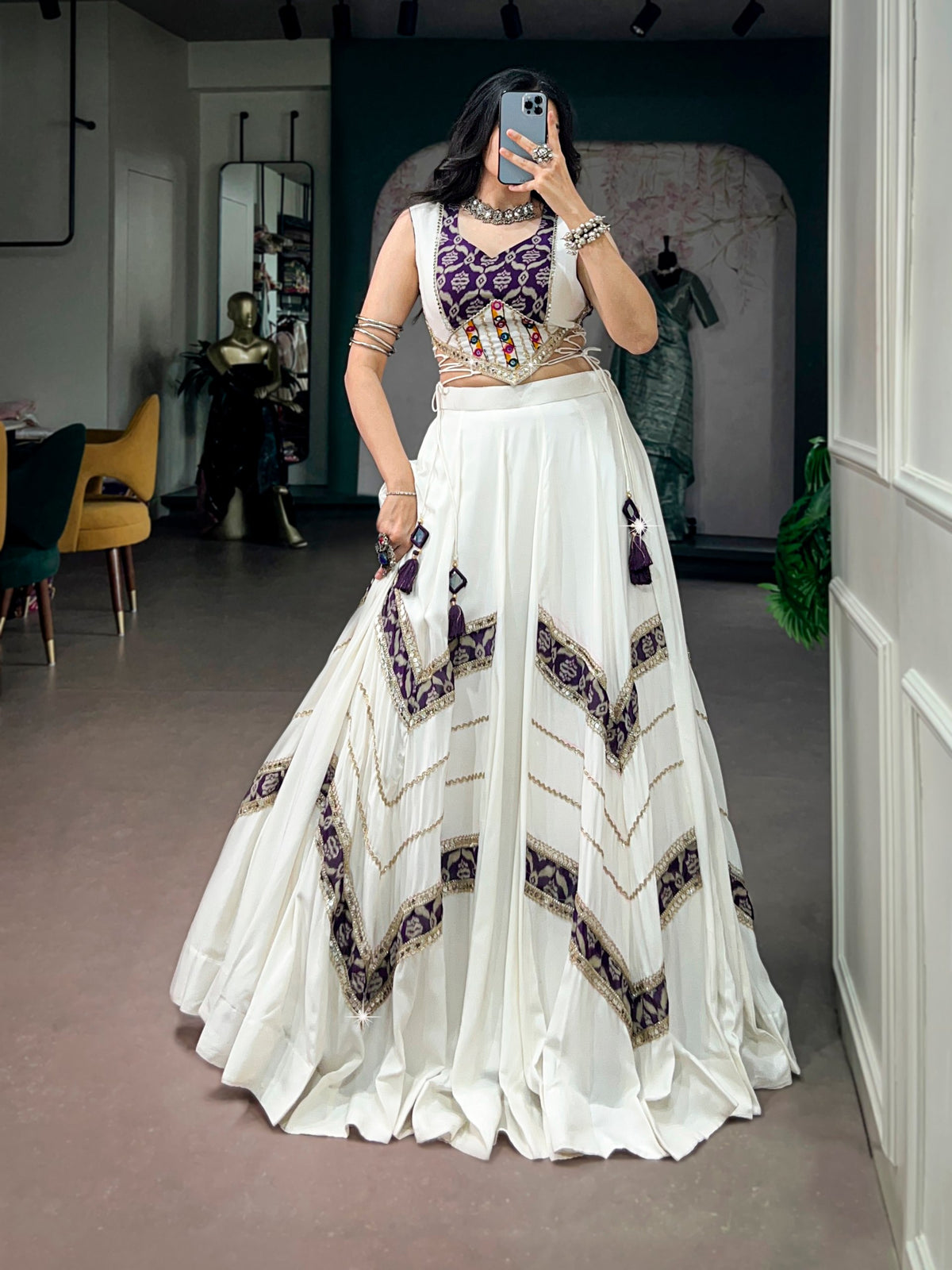 Ishani White Rayon Heritage Print Gamthi Mirror Lehenga