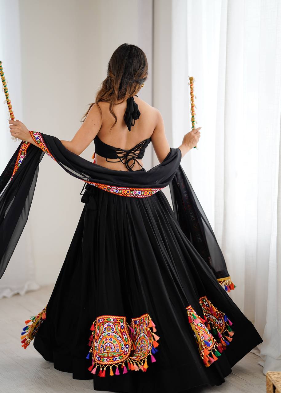 Black Rayon Gamthi Thread Mirror Work Navratri Lehenga Choli with Dupatta
