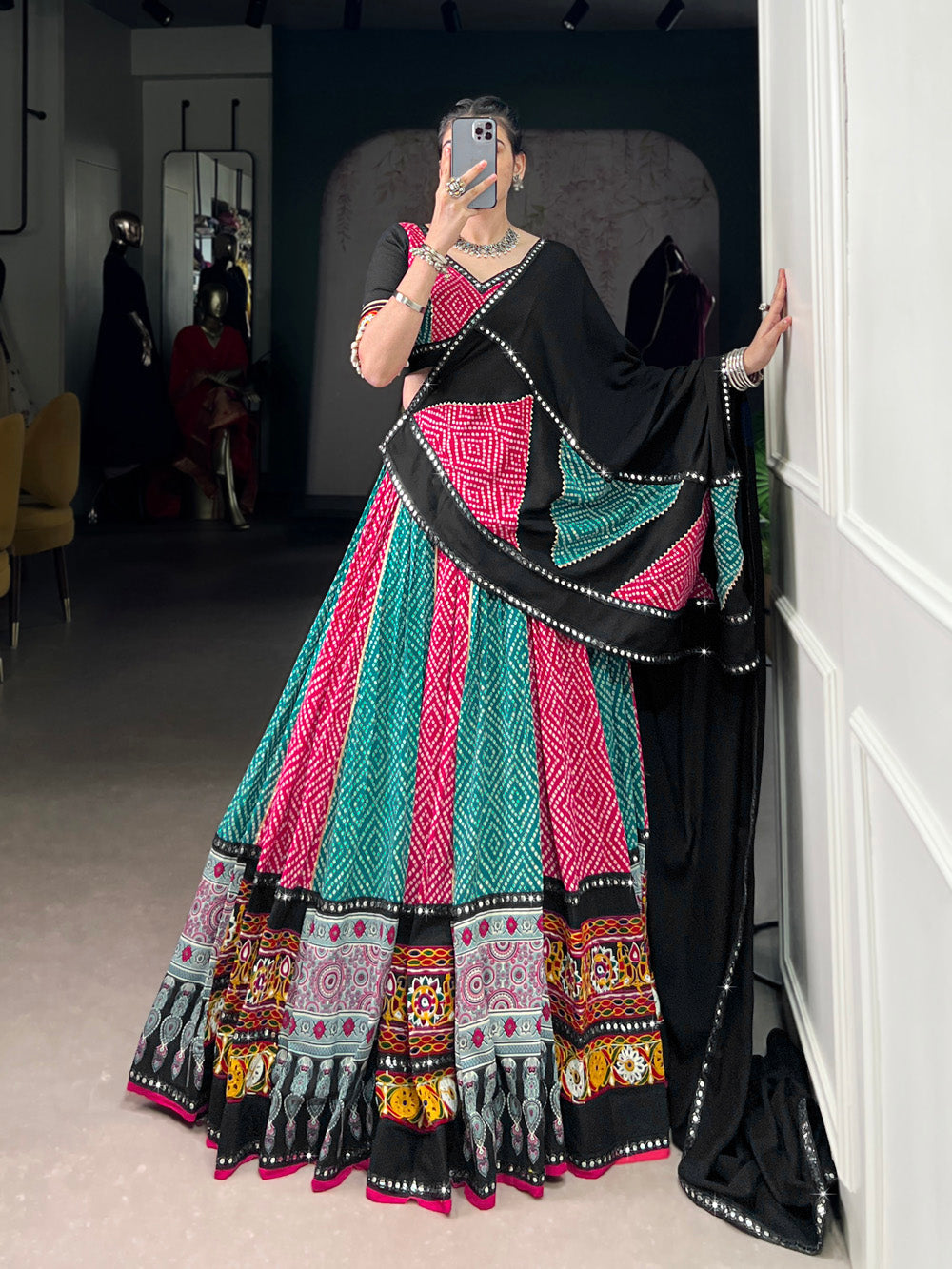 Black-Pink Pure Rayon Bandhej Ajrakh Gamthi Mirror Work Lehenga Choli