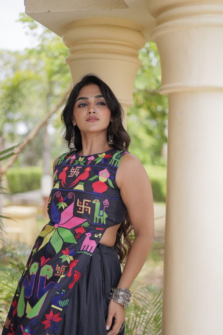 Ekta Black Cora Cotton Gamthi Embroidered Lehenga Choli