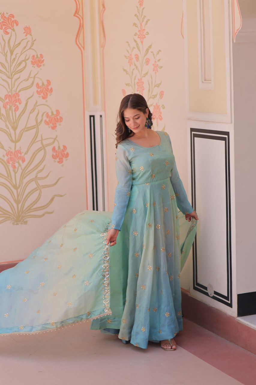 Sky blue organza flair sequins zari embroidery gown with dupatta