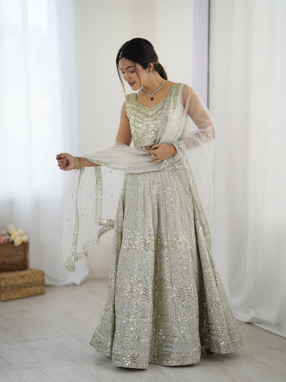 Silver grey georgette sequins and dori work lehenga choli with dupatta