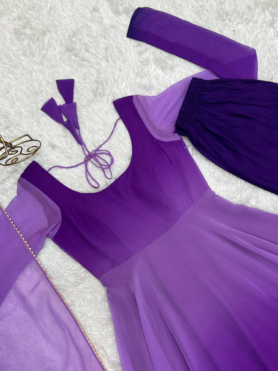 Purple georgette Anarkali gown with dupatta, printed flair gown set, party wear Anarkali set for women—fully stitched festive Trinaari outfit.