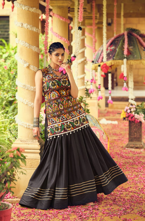 Black pure rayon ribbon work embroidered lehenga choli