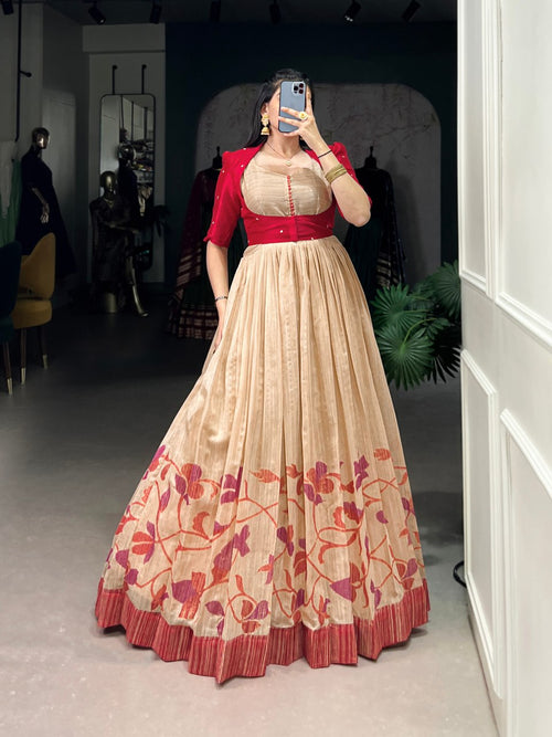 Beige silk printed gown with embroidered koti for wedding functions