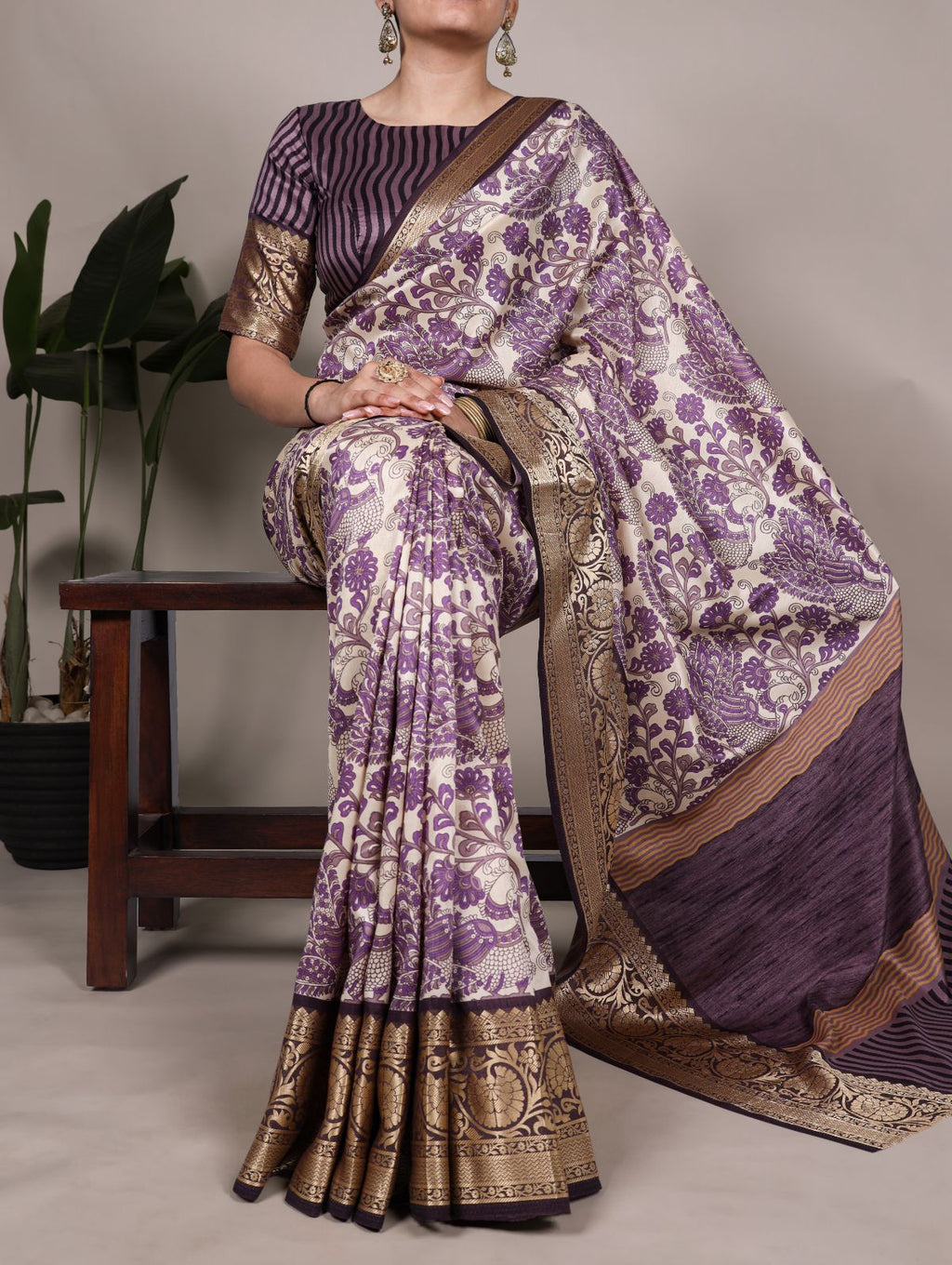 Purple Color Tasar Silk Printed Saree with Viscose Border and Blouse