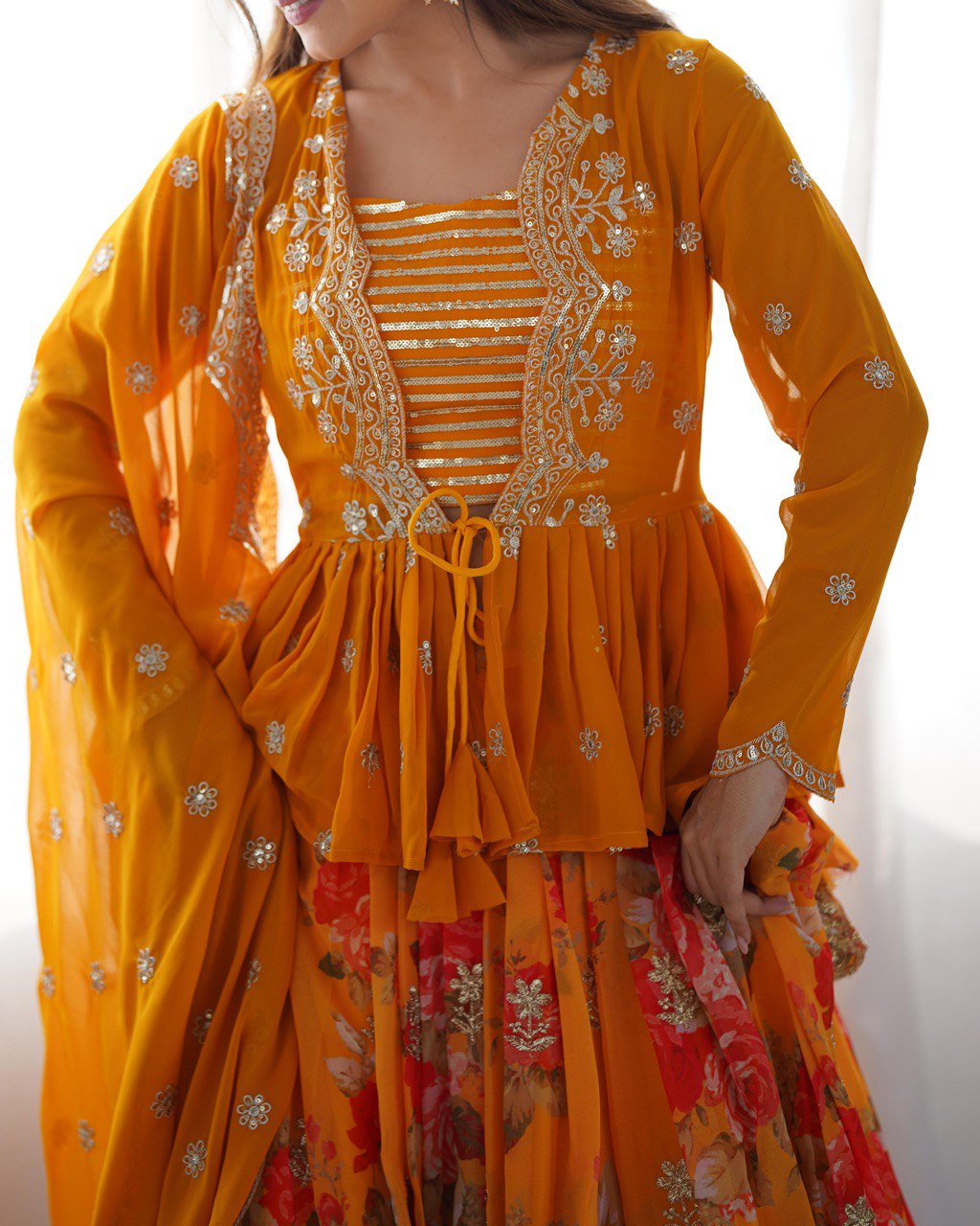 Yellow lehenga choli for Haldi, embroidered georgette lehenga with jacket, digital print lehenga, wedding lehenga set, Trinaari festive wear.