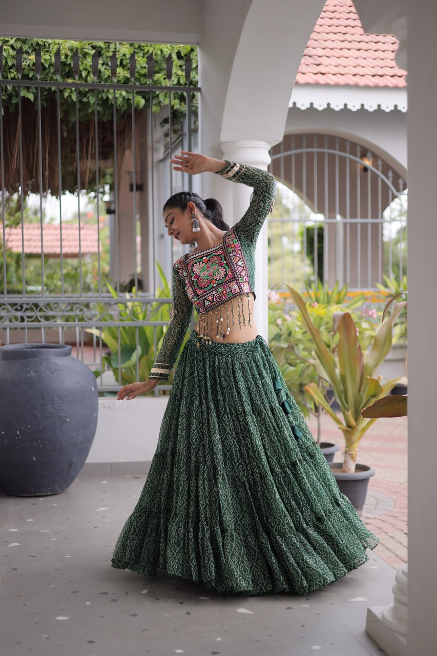 Anjali Green Faux Georgette Bandhani Kutchi Patchework Lehenga
