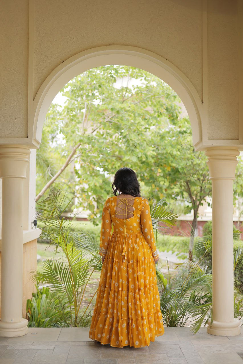 Lavanya Yellow Faux Georgette Bandhani Kutchi Patchwork Gown