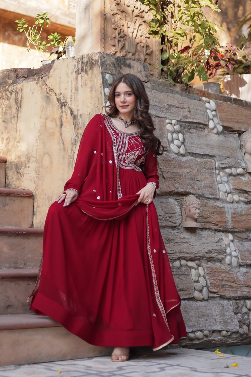 Chamvika Maroon Embroidered Gown Set with Dupatta – long gown for women, party wear gown for wedding, Indian gown for women, maroon gown for engagement, full sleeve ethnic gown, designer gown with dupatta, sequin gown for festival, traditional wear for women, Indo western gown online, stylish Indian dress for sangeet function, ready-to-wear ethnic gown for women.