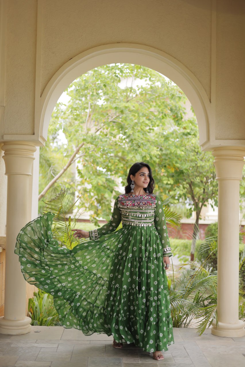 Lavanya Green Faux Georgette Bandhani Kutchi Patchwork Gown