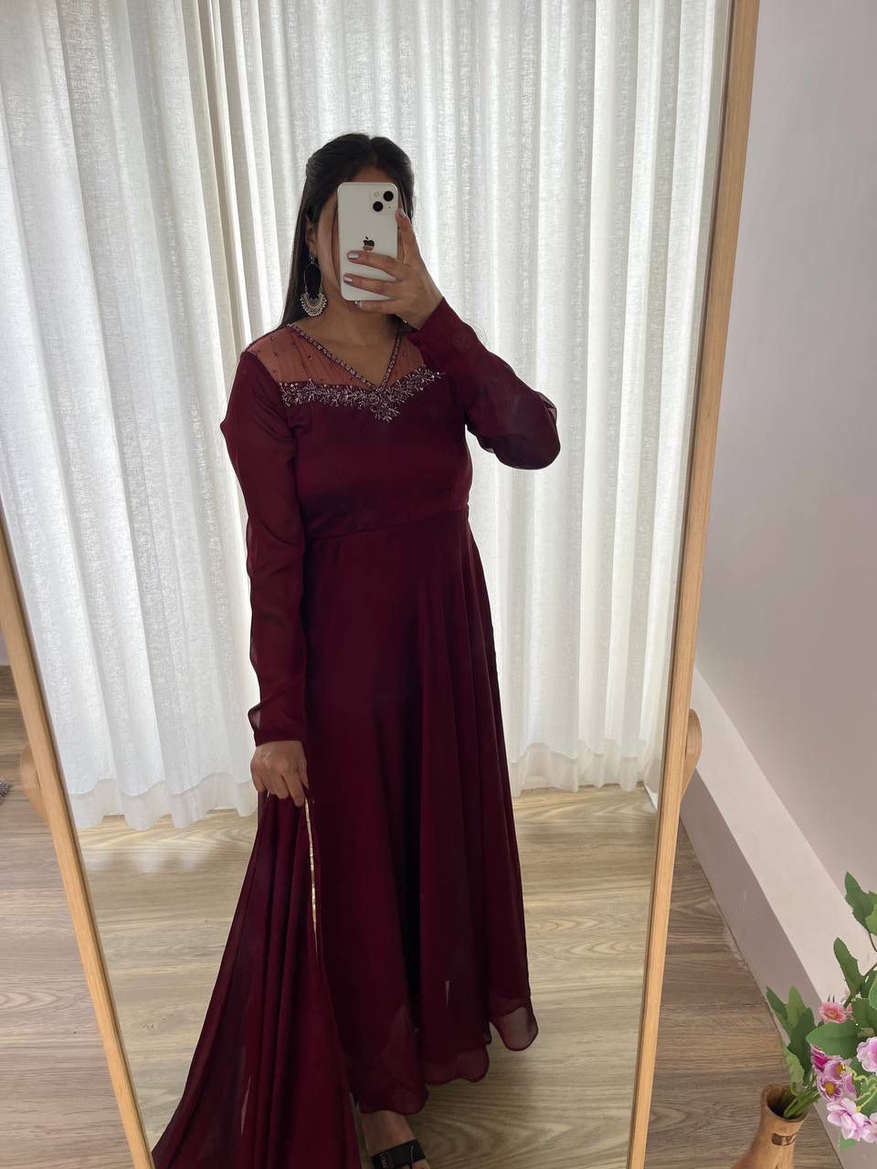 Manha Wine Georgette Embroidered Anarkali Gown Set