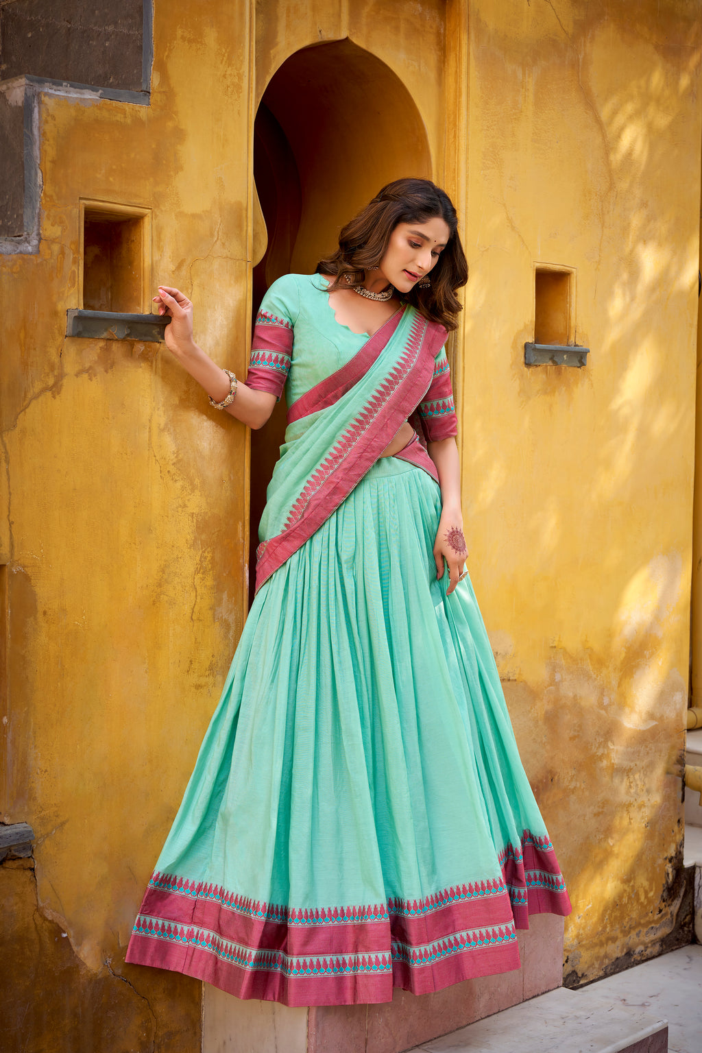 Swastika Sky Blue Color Pure Chanderi Thread Work Half Saree Lehenga