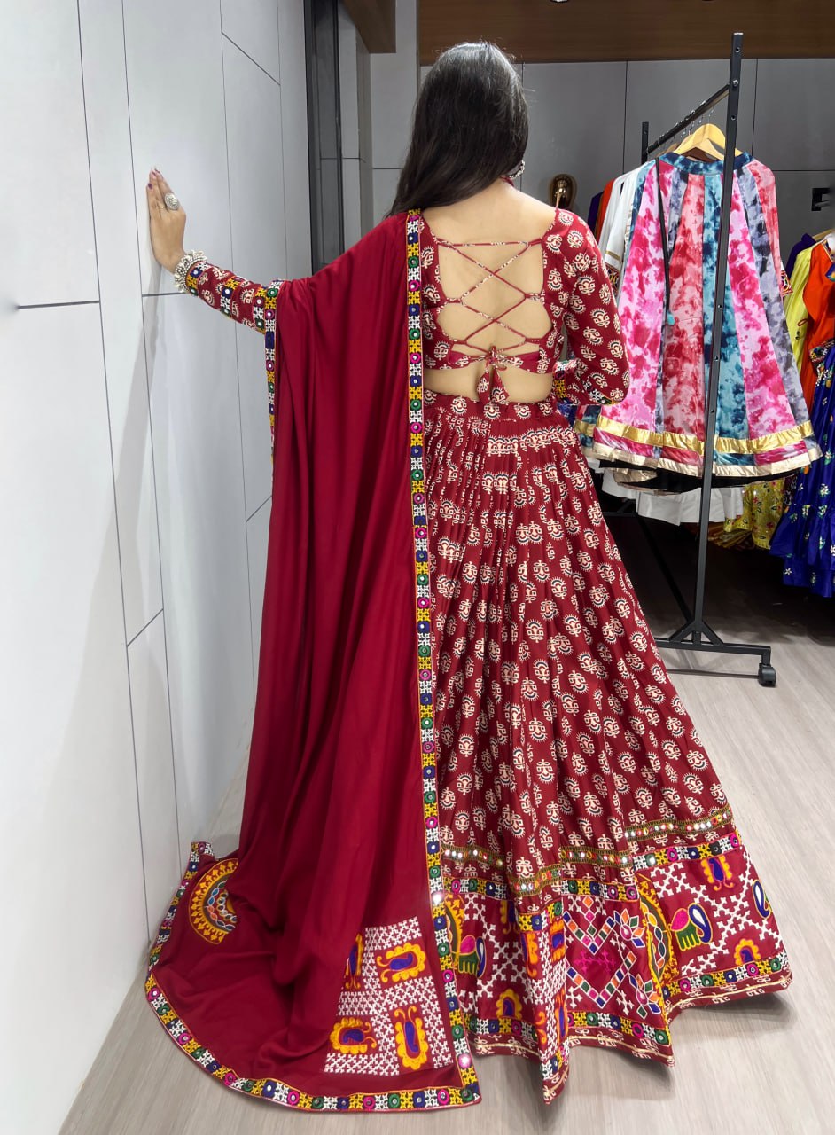 Maroon Ajrakh Print Rayon Cotton Mirror Work Lehenga Choli