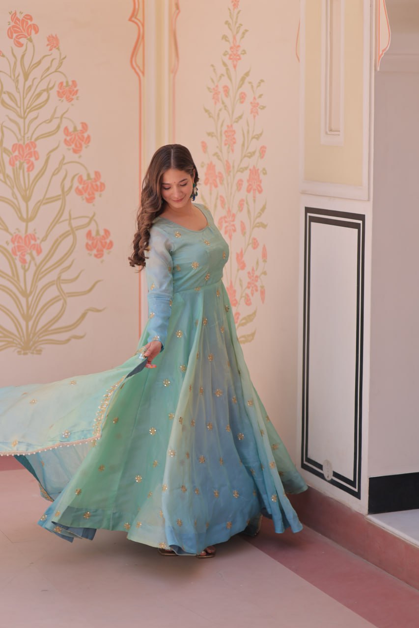 Sky blue organza flair sequins zari embroidery gown with dupatta