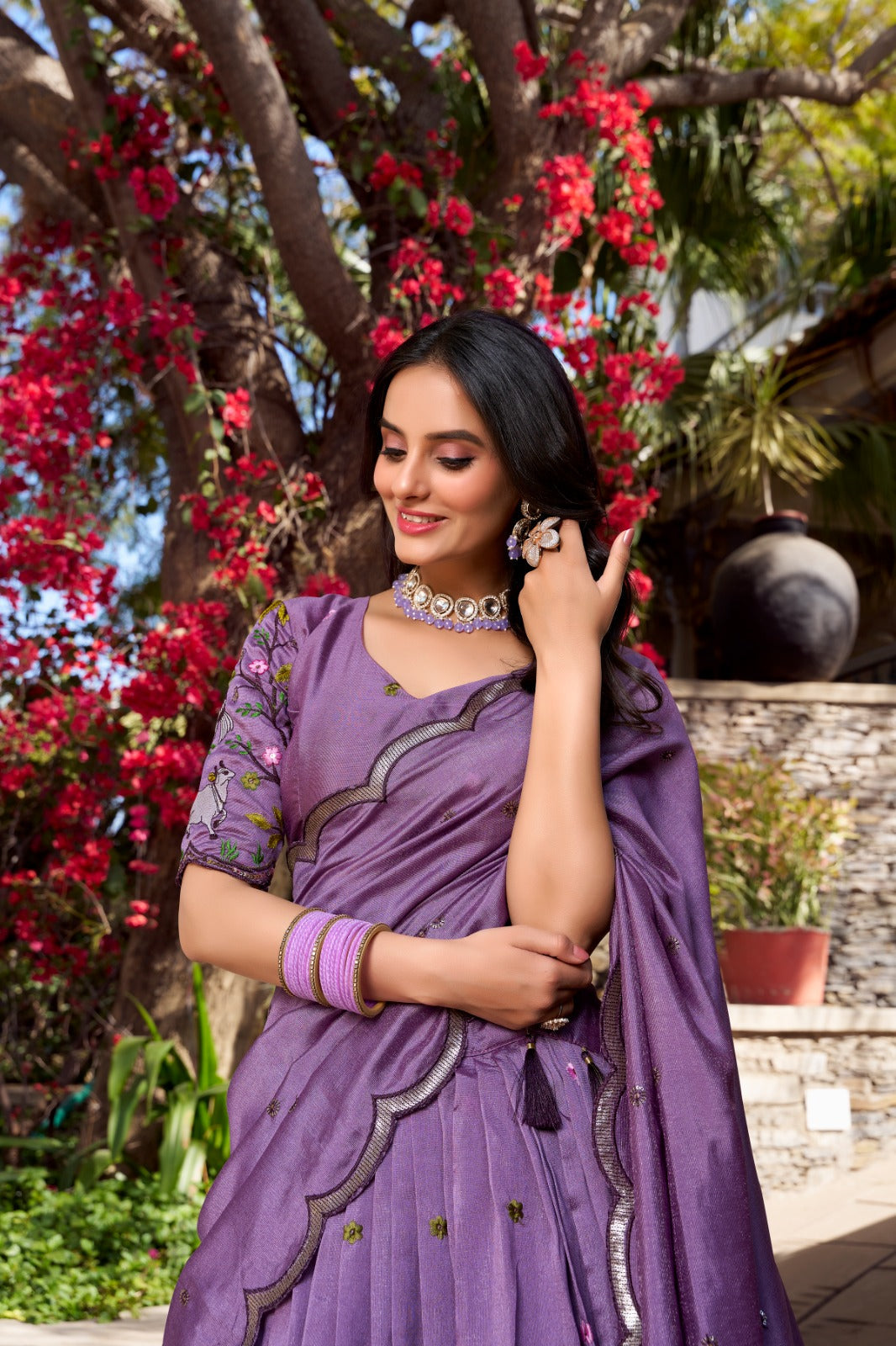 Lavender Vichitra shimmer sequins thread embroidery work lehenga choli