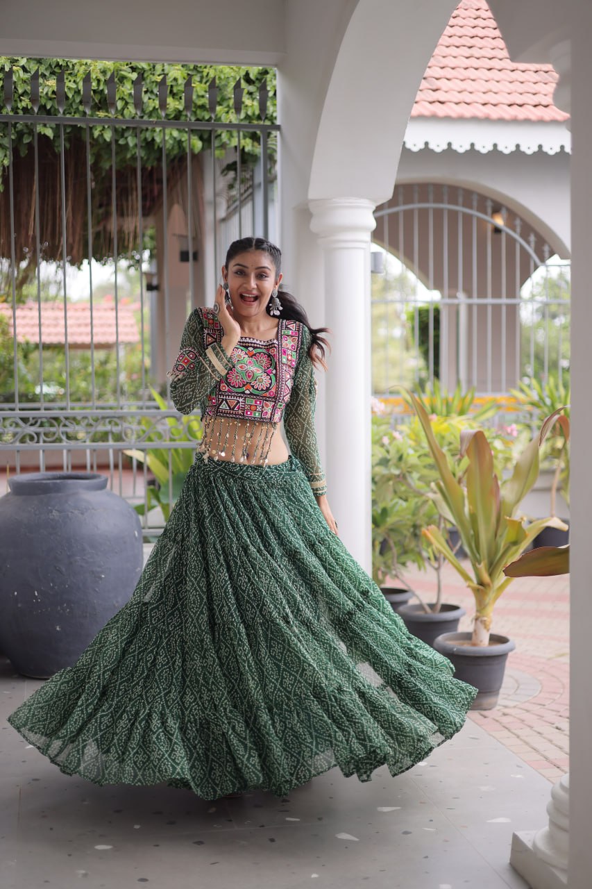 Anjali Green Faux Georgette Bandhani Kutchi Patchework Lehenga