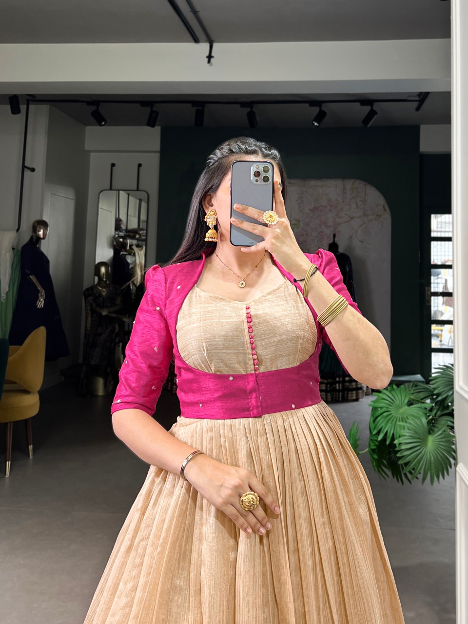 Beige Silk Printed Gown with Embroidered Banglory Koti