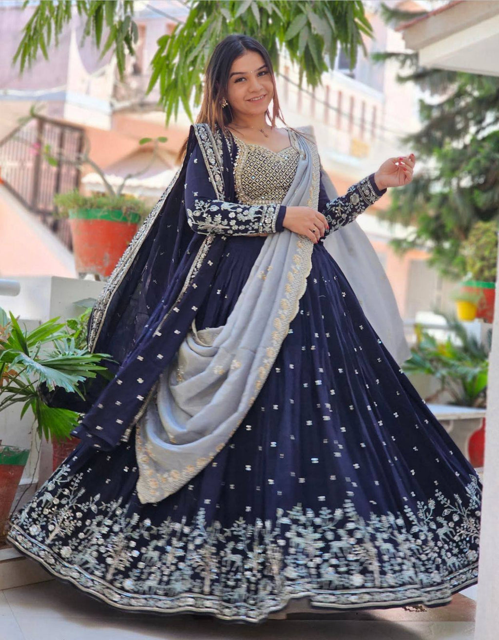 Navy Blue Fox Georgette Heavy Embroidered Designer Lehenga Choli with Dupatta
