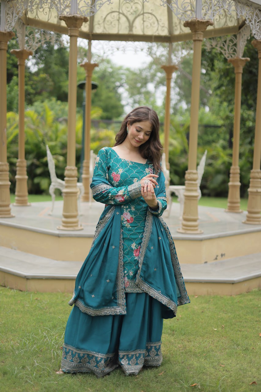 Medhasvi Teal Chinon Embroidered Kurti Sharara Set