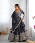 Kavyani Natural Crepe Silk Black Lehenga Choli Set – semi-stitched lehenga with 3-meter flair, cancan and canvas patta, intricately embroidered with coding dori, thread, and sequins; paired with unstitched matching choli and embroidered dupatta with lace border, premium festive and wedding ethnic wear for women by Trinaari.
