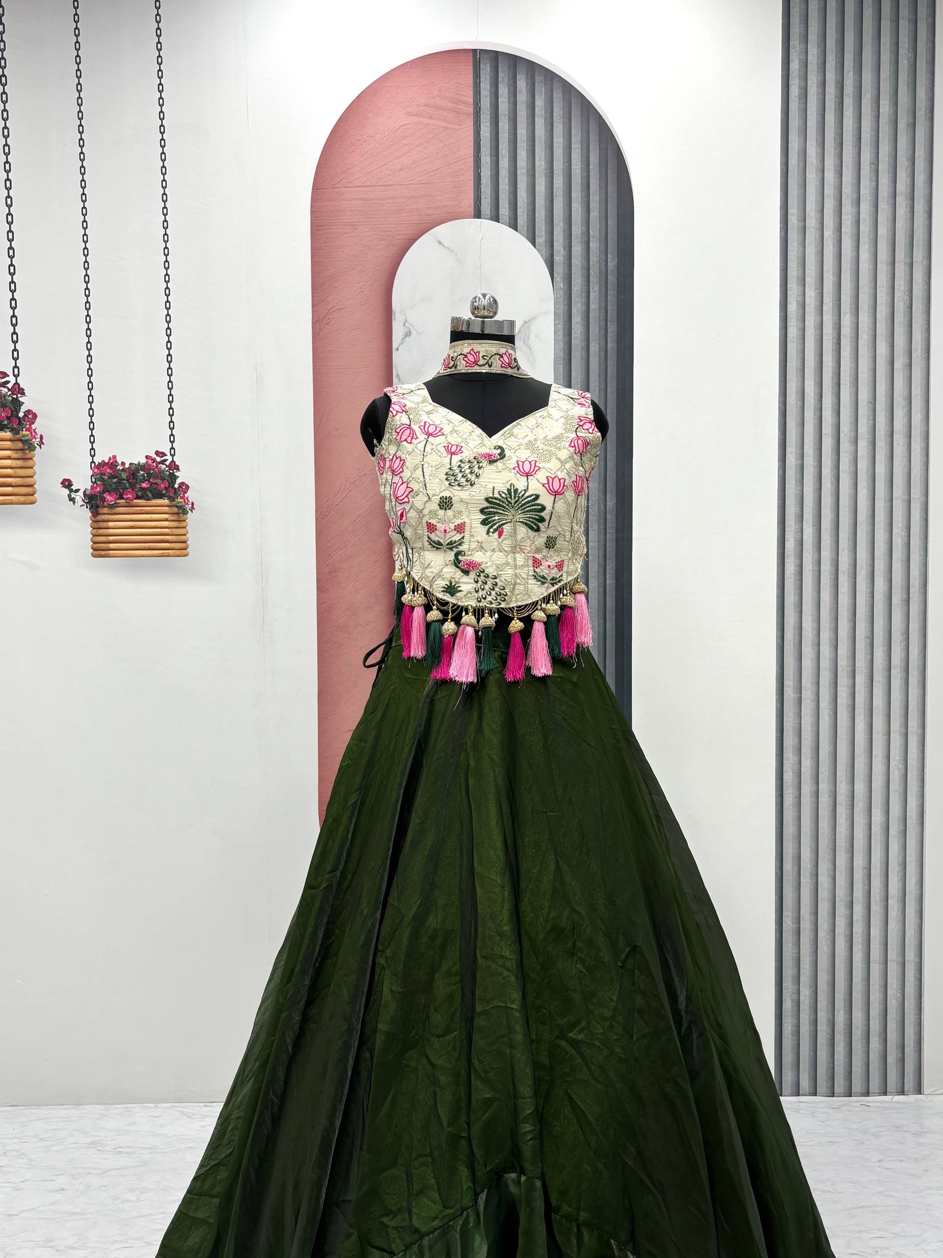 Tanu Green Color Tissue Silk Sequins Thread Work Lehenga Choli with Dupatta