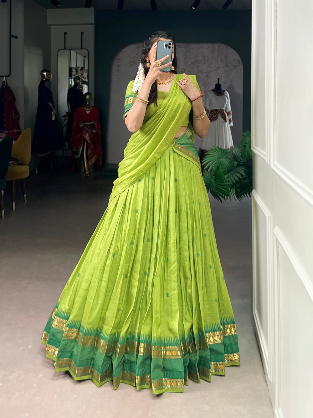 Green Chanderi Zari Weaving Work Half-Saree Lehenga