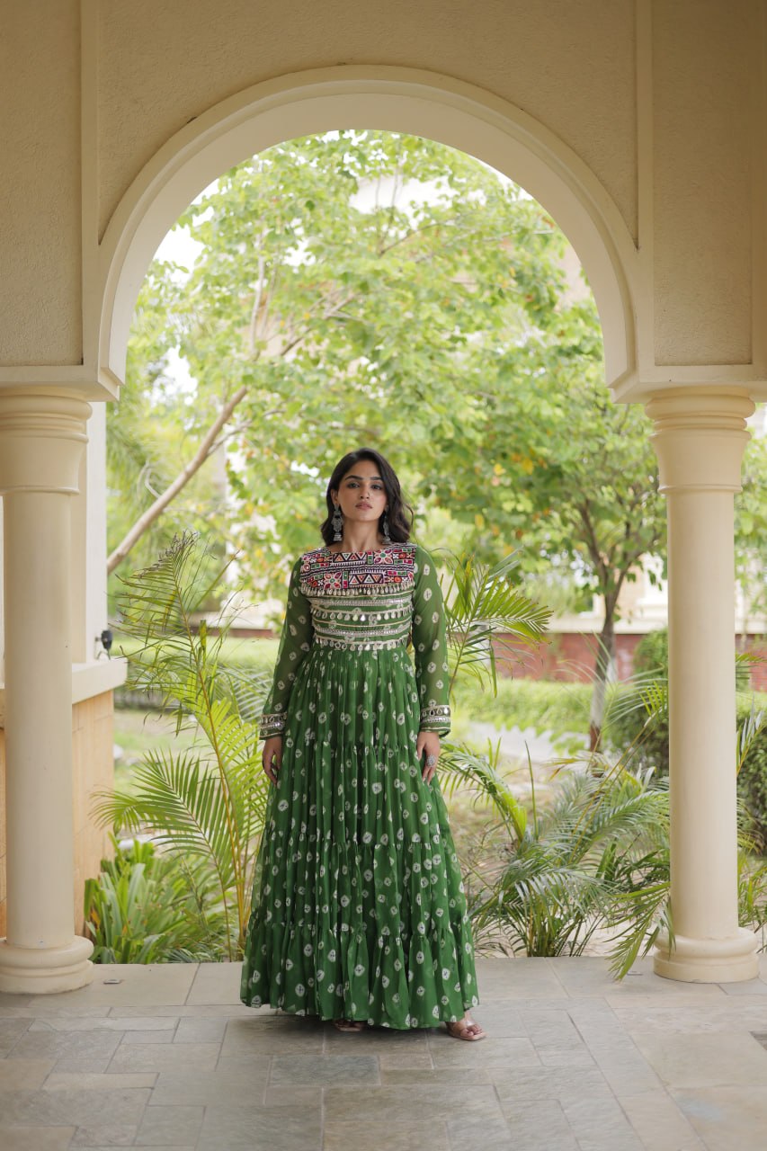 Lavanya Green Faux Georgette Bandhani Kutchi Patchwork Gown