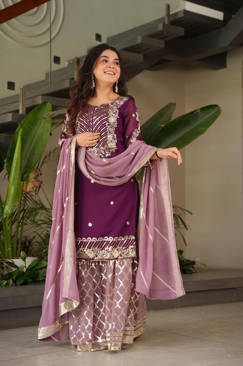 Purple fox georgette embroidered heavy sequence work kurti palazzo set