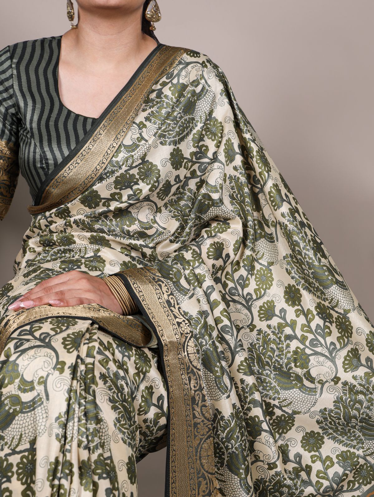 Green Color Tasar Silk Printed Saree with Viscose Border and Blouse