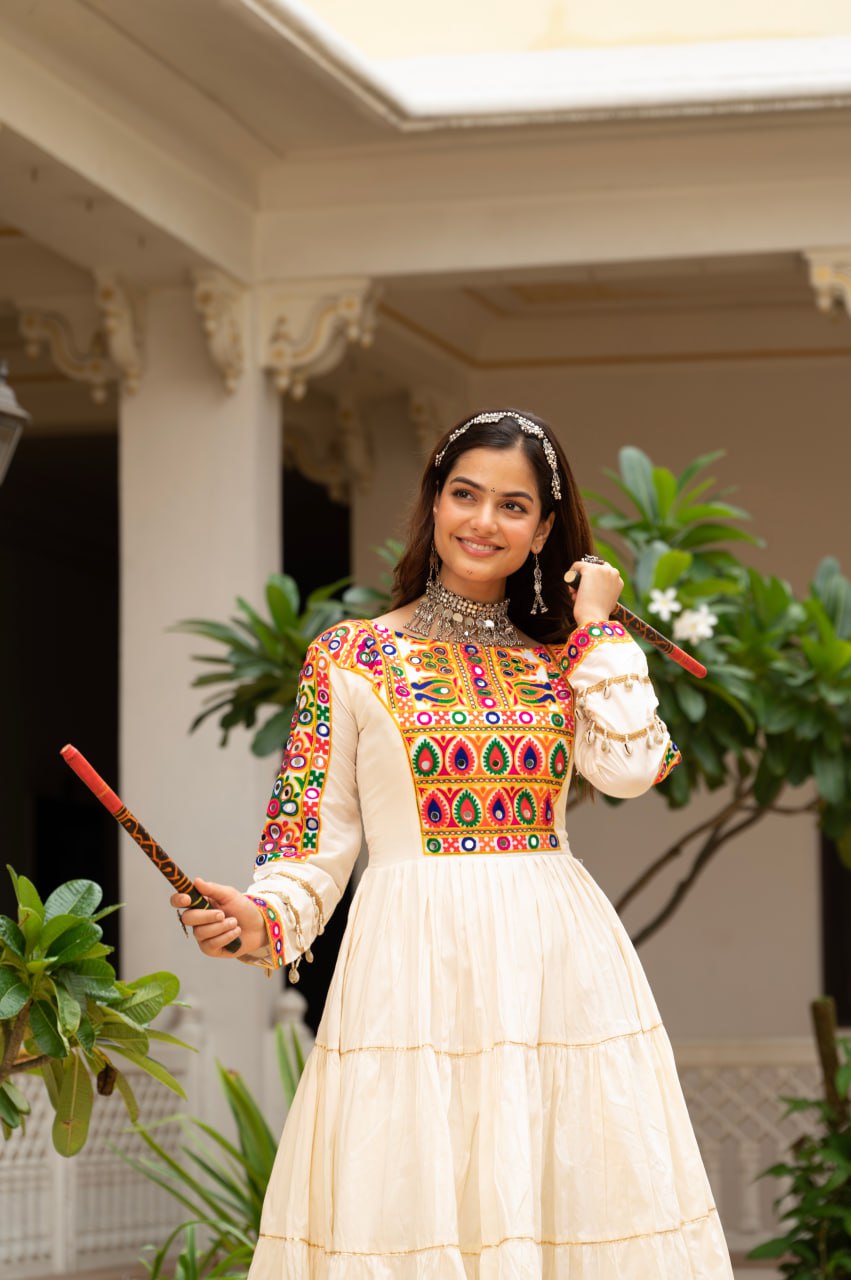Off-White Kora Cotton Kutchi Gamthi Mirror Work and Kodi Lace Gown