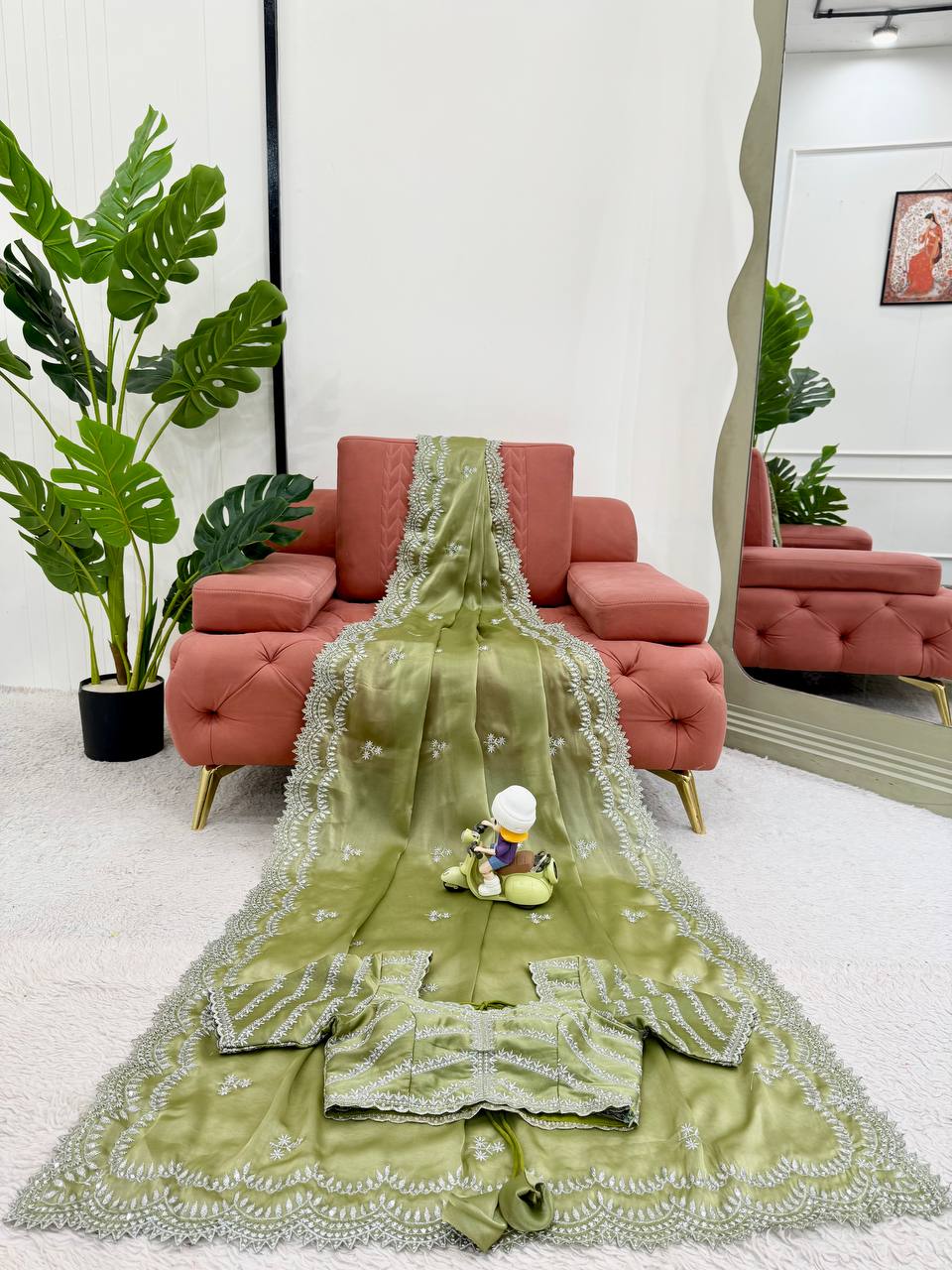 Vikatya pista green Jimmy Choo fabric saree with sequin-thread embroidery & unstitched blouse—perfect for weddings, festivals & party wear.