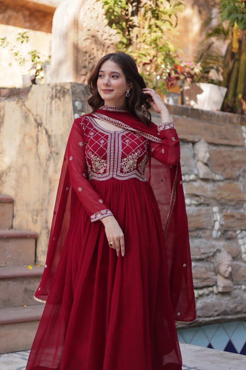 Chamvika Maroon Embroidered Gown Set with Dupatta – long gown for women, party wear gown for wedding, Indian gown for women, maroon gown for engagement, full sleeve ethnic gown, designer gown with dupatta, sequin gown for festival, traditional wear for women, Indo western gown online, stylish Indian dress for sangeet function, ready-to-wear ethnic gown for women.