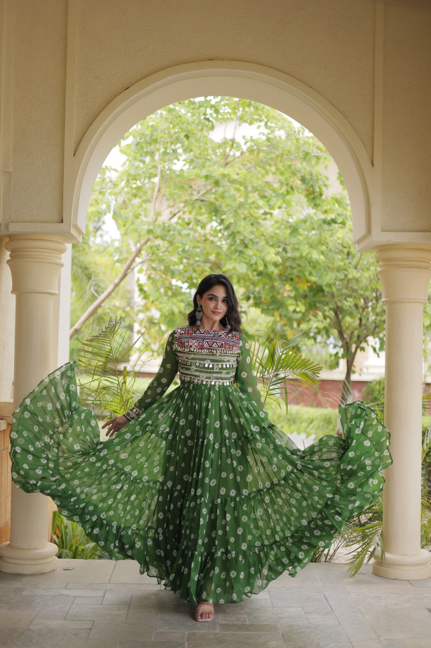 Lavanya Green Faux Georgette Bandhani Kutchi Patchwork Gown