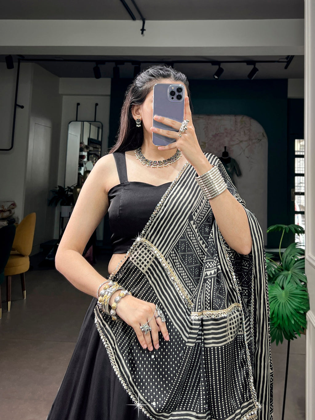 Oorja Black Moonga Silk Lehenga Choli