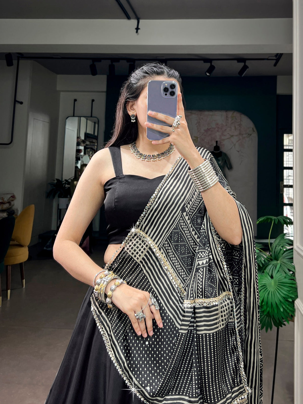 Oorja Black Moonga Silk Lehenga Choli