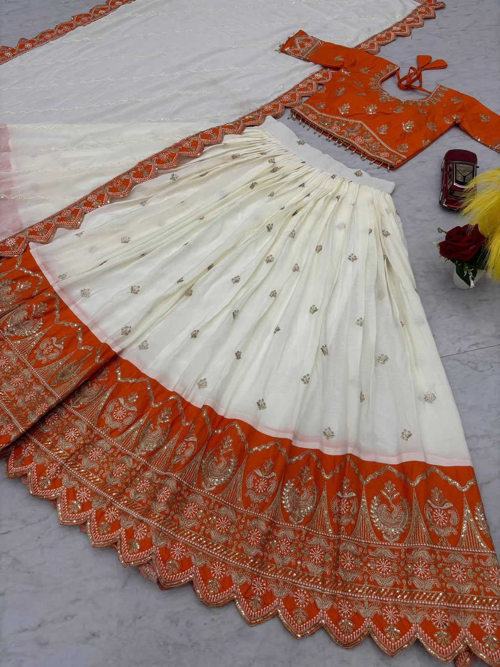 Orange chinon heavy embroidery lehenga choli with dupatta