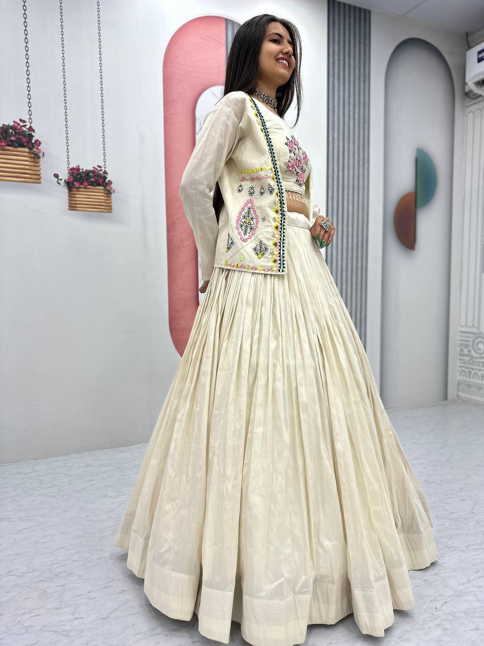 Off-White Tissue Shimmer Handwork Real Diamond Work Lehenga Choli with Jacket