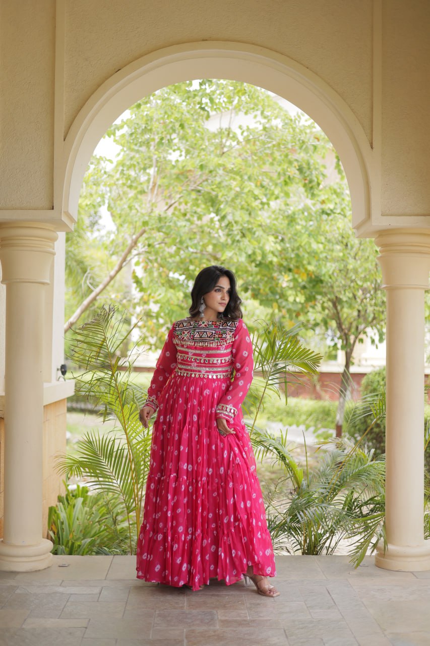 Lavanya Pink Faux Georgette Bandhani Kutchi Patchwork Gown