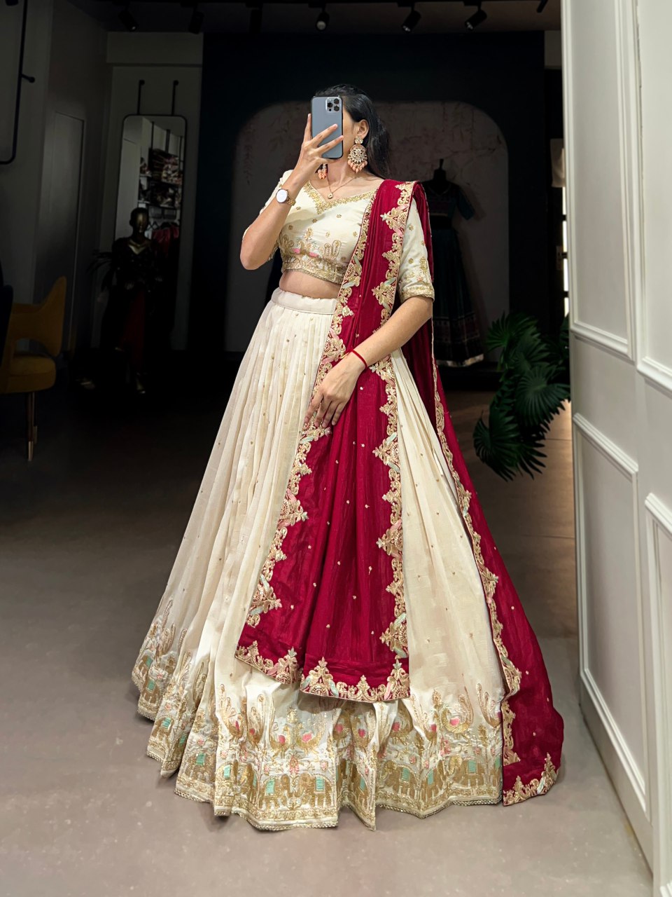 Sharanya off-white Vichitra silk embroidered lehenga choli set