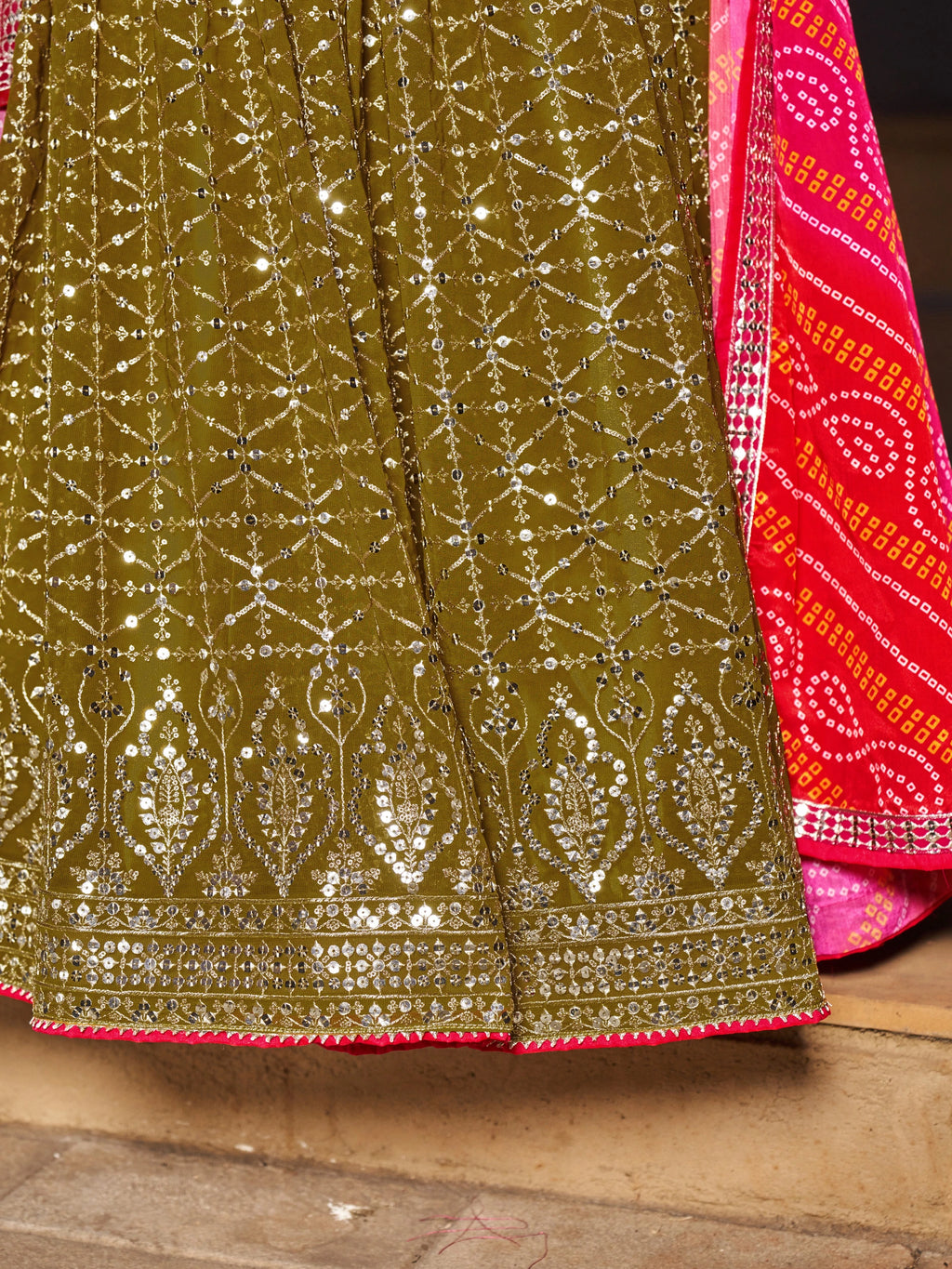 Navya Olive Green Color Embroidered Lehenga Choli with Bandhani Dupatta
